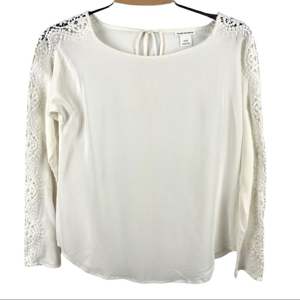** 𝅺Club Monaco Cream Silk Long Sleeve Crochet Trim Loose Fit Blouse Size XS